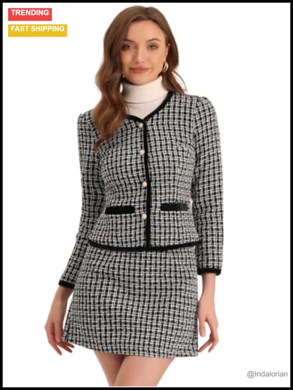 Allegra K Women Tweed Suit 2-Piece Set Plaid Crop Blazer Mini Skirt Business